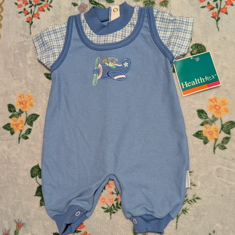 Vintage‎ Healthtex Blue Baby Romper Teddy Bear Airplane Design NWT